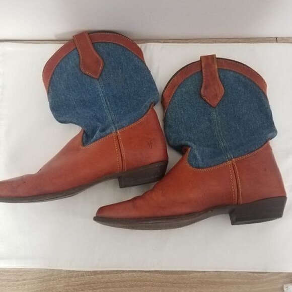 Vintage 1980s Frye Denim and Tooled cognac  Leather  Western Boot 8 - Picture 7 of 15